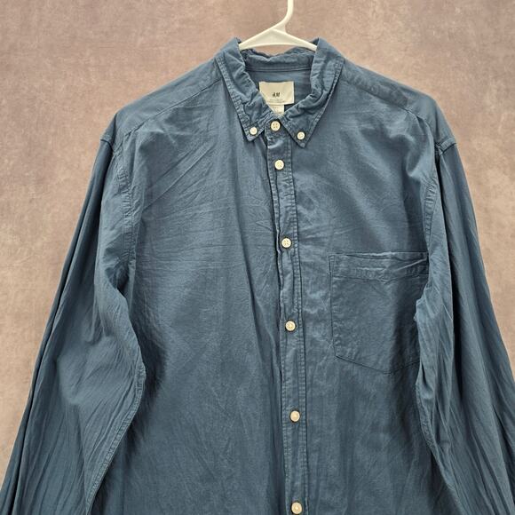 H&M Blue Long Sleeve Button Down Cotton Mens Shirt Large - Picture 3 of 6